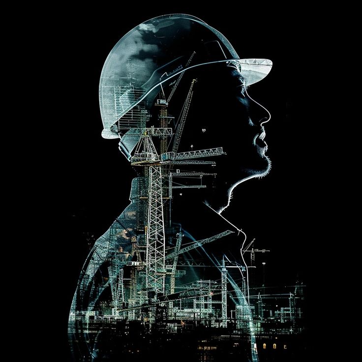 a double exposure picture of an architect with and building and cranes, the subject is isolated on black background